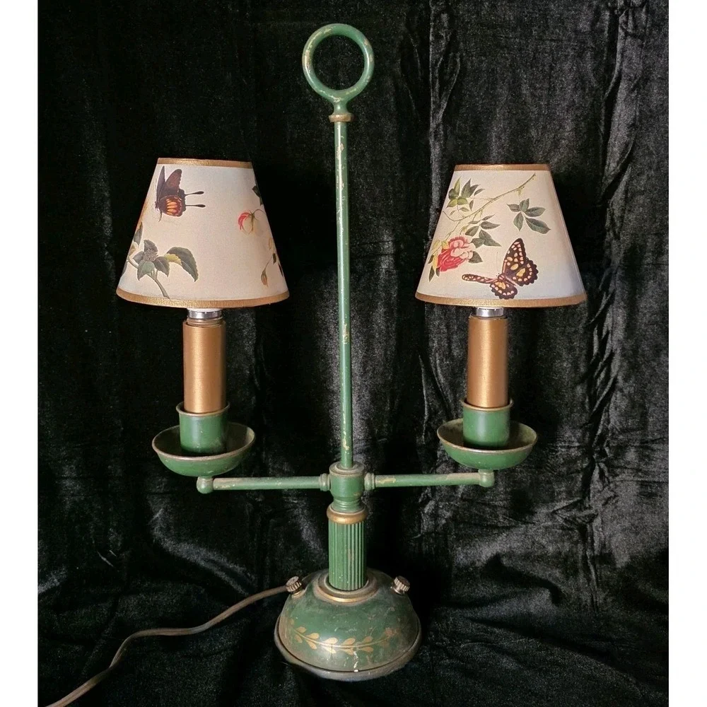 VTG Toleware Bouillotte-style Green 3-way lamp, 2 Arm w Shades. Mix of Old & New